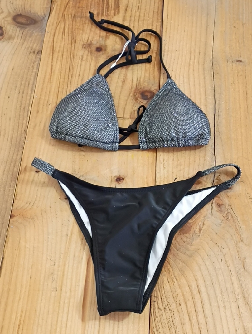 I Luv Miami Black Sparkle Triangle Adjustable Bikini Size M NEW